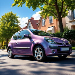 A detailed and realistic image of a 2004 Renault Clio, showcasing its distinctive features such as the sleek body design, modern headlights, and stylish alloy wheels