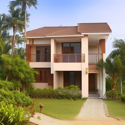 A well-arranged 3BHK house located in a plot of land measuring 12 meters by 7 meters, showcasing spacious interiors, a living room, bedrooms, a kitchen, bathrooms, and a balcony, with aesthetic landscaping.