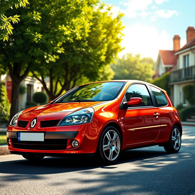 A detailed and realistic image of a 2004 Renault Clio, showcasing its distinctive features such as the sleek body design, modern headlights, and stylish alloy wheels