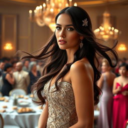 A stunning and elegant woman named Clio, with flowing dark hair adorned with delicate silver hairpins