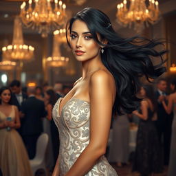 A stunning and elegant woman named Clio, with flowing dark hair adorned with delicate silver hairpins