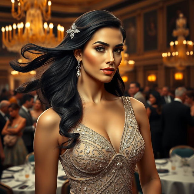 A stunning and elegant woman named Clio, with flowing dark hair adorned with delicate silver hairpins