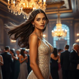 A stunning and elegant woman named Clio, with flowing dark hair adorned with delicate silver hairpins