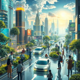 A futuristic scene depicting a technology-driven world where artificial intelligence is seamlessly integrated into daily life