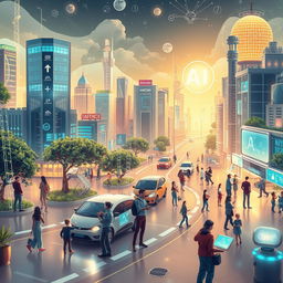 A futuristic scene depicting a technology-driven world where artificial intelligence is seamlessly integrated into daily life
