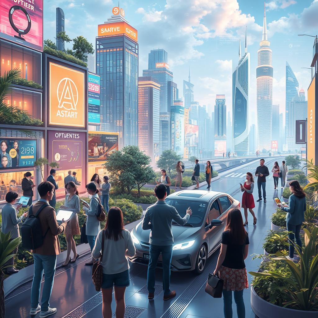 A futuristic scene depicting a technology-driven world where artificial intelligence is seamlessly integrated into daily life