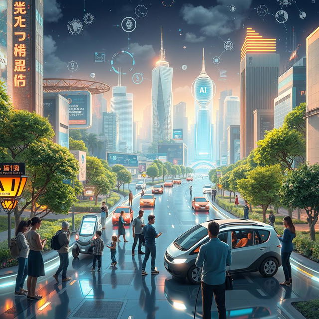 A futuristic scene depicting a technology-driven world where artificial intelligence is seamlessly integrated into daily life