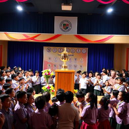 A vibrant school prize function scene, featuring a decorated auditorium filled with excited students and proud parents
