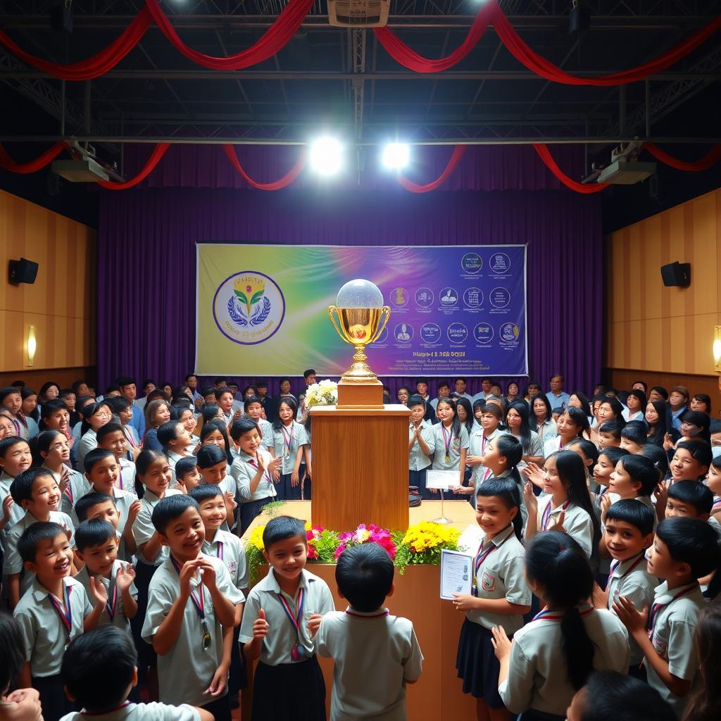 A vibrant school prize function scene, featuring a decorated auditorium filled with excited students and proud parents