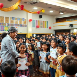 A vibrant school function showcasing students receiving an excellence prize