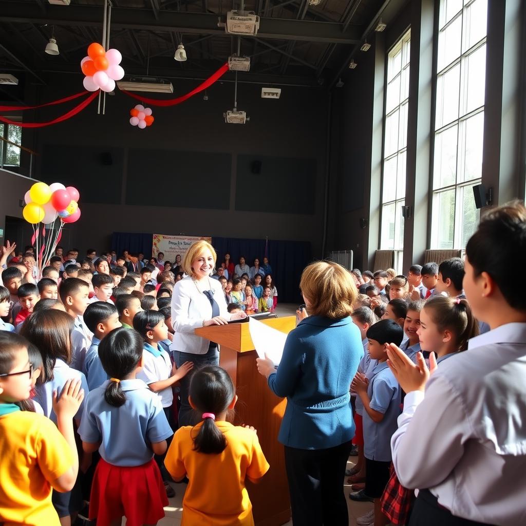 A vibrant school prize distribution ceremony held in a bright, decorated auditorium