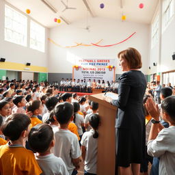 A vibrant school prize distribution ceremony held in a bright, decorated auditorium