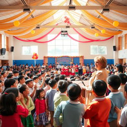 A vibrant school prize distribution ceremony held in a bright, decorated auditorium