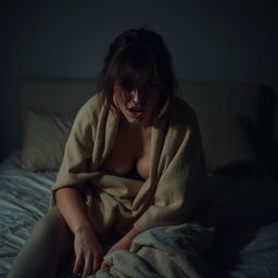 A scared woman sitting on a bed, her expression showing fear and vulnerability