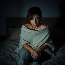 A scared woman sitting on a bed, her expression showing fear and vulnerability