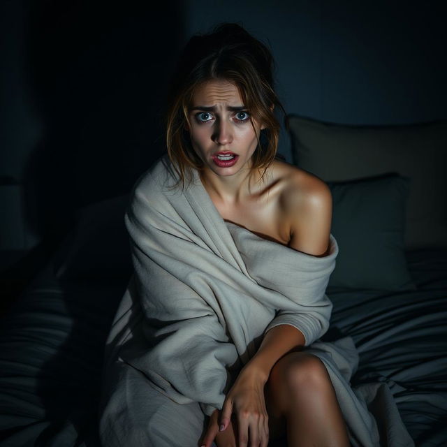 A scared woman sitting on a bed, her expression showing fear and vulnerability