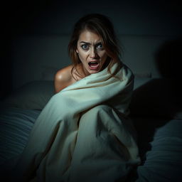 A scared woman sitting on a bed, her expression showing fear and vulnerability