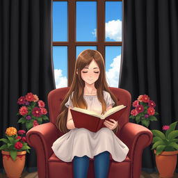 A girl with long flowing hair sitting on a cozy chair, holding an open book in her hand