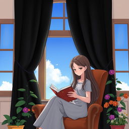 A girl with long flowing hair sitting on a cozy chair, holding an open book in her hand