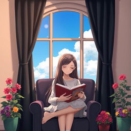 A girl with long flowing hair sitting on a cozy chair, holding an open book in her hand