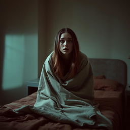 A woman sitting on a bed, looking frightened and vulnerable, wrapped in a blanket that covers her body