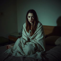 A woman sitting on a bed, looking frightened and vulnerable, wrapped in a blanket that covers her body