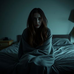A woman sitting on a bed, looking frightened and vulnerable, wrapped in a blanket that covers her body