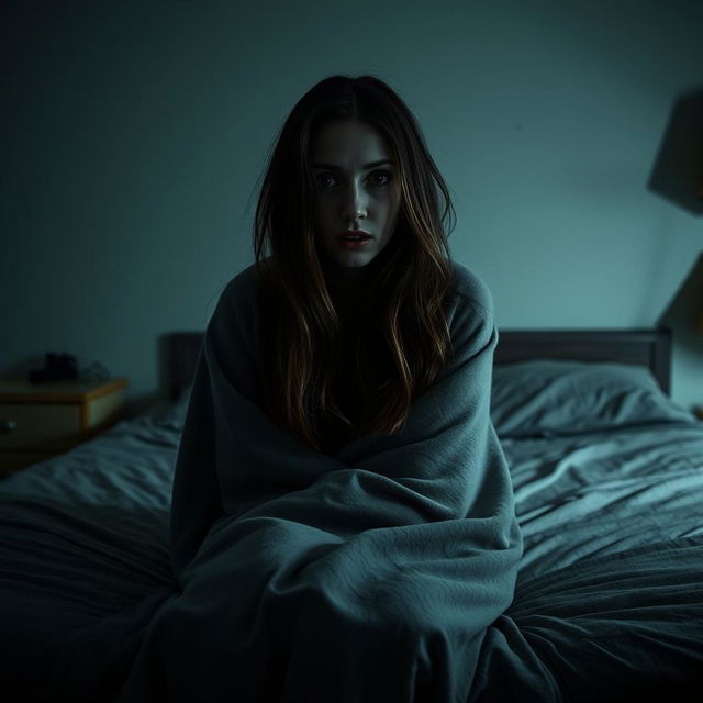 A woman sitting on a bed, looking frightened and vulnerable, wrapped in a blanket that covers her body