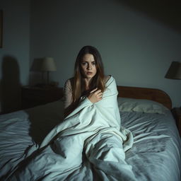 A woman sitting on a bed, looking frightened and vulnerable, wrapped in a blanket that covers her body