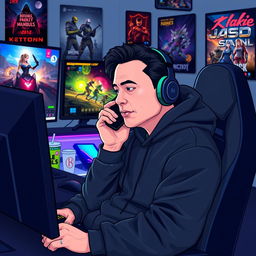 A vector-style illustration of Elon Musk dressed in a sleek black hoodie, sitting in a gaming station with high-tech equipment