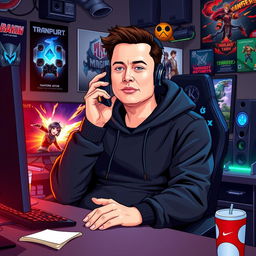 A vector-style illustration of Elon Musk dressed in a sleek black hoodie, sitting in a gaming station with high-tech equipment