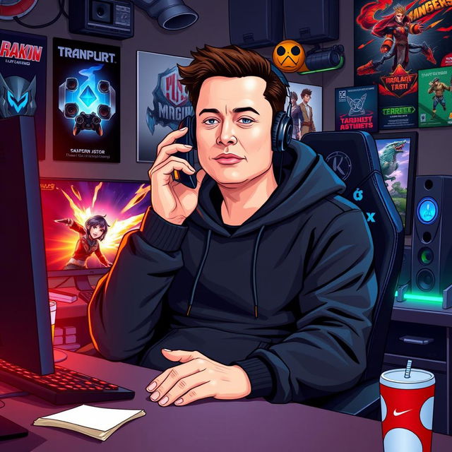 A vector-style illustration of Elon Musk dressed in a sleek black hoodie, sitting in a gaming station with high-tech equipment