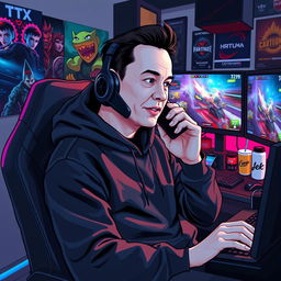 A vector-style illustration of Elon Musk dressed in a sleek black hoodie, sitting in a gaming station with high-tech equipment