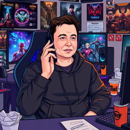 A vector-style illustration of Elon Musk dressed in a sleek black hoodie, sitting in a gaming station with high-tech equipment