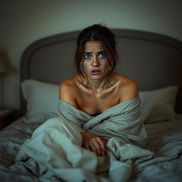 A woman sitting on a bed, looking frightened and vulnerable