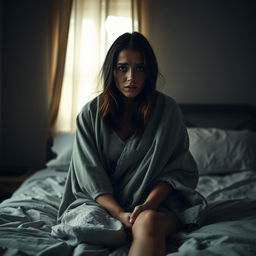 A woman sitting on a bed, looking frightened and vulnerable