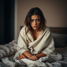 A woman sitting on a bed, looking frightened and vulnerable