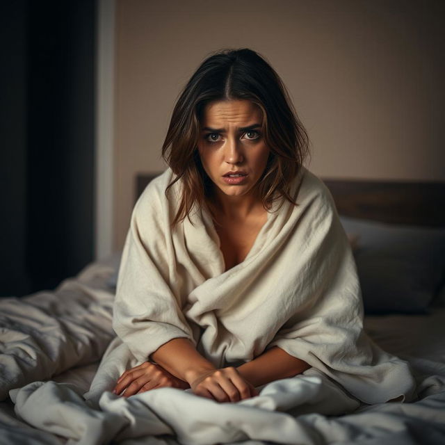 A woman sitting on a bed, looking frightened and vulnerable