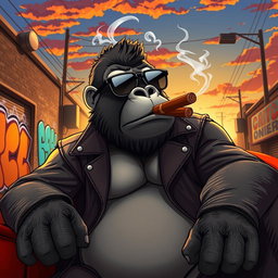 A stylized animation of a cool gorilla lounging in a relaxed pose, wearing trendy sunglasses and a leather jacket, exuding a laid-back vibe while smoking a cigar