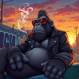 A stylized animation of a cool gorilla lounging in a relaxed pose, wearing trendy sunglasses and a leather jacket, exuding a laid-back vibe while smoking a cigar