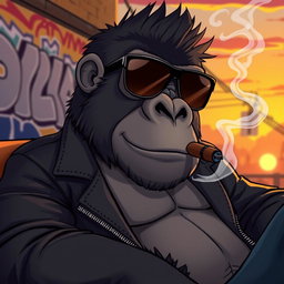 A stylized animation of a cool gorilla lounging in a relaxed pose, wearing trendy sunglasses and a leather jacket, exuding a laid-back vibe while smoking a cigar