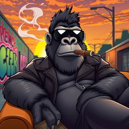 A stylized animation of a cool gorilla lounging in a relaxed pose, wearing trendy sunglasses and a leather jacket, exuding a laid-back vibe while smoking a cigar