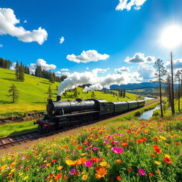 A picturesque scene featuring a train traveling through a vibrant landscape, with lush green hills and colorful wildflowers in the foreground