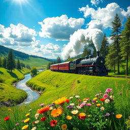 A picturesque scene featuring a train traveling through a vibrant landscape, with lush green hills and colorful wildflowers in the foreground