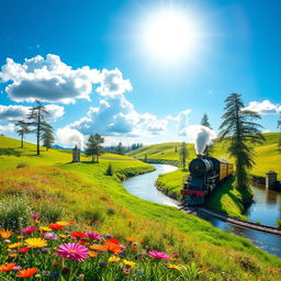 A picturesque scene featuring a train traveling through a vibrant landscape, with lush green hills and colorful wildflowers in the foreground