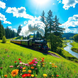 A picturesque scene featuring a train traveling through a vibrant landscape, with lush green hills and colorful wildflowers in the foreground