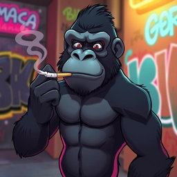 A cool, stylized animated gorilla posing confidently while smoking a cigarette