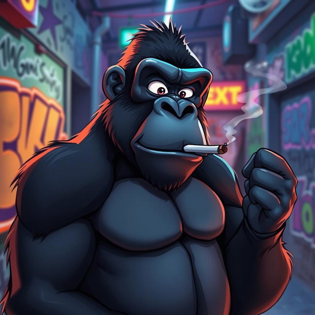 A cool, stylized animated gorilla posing confidently while smoking a cigarette