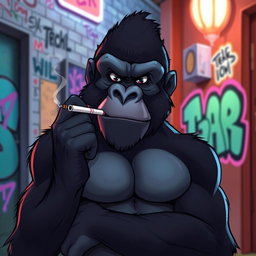 A cool, stylized animated gorilla posing confidently while smoking a cigarette