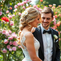 A beautifully composed wedding scene featuring a bride and groom in a romantic outdoor setting